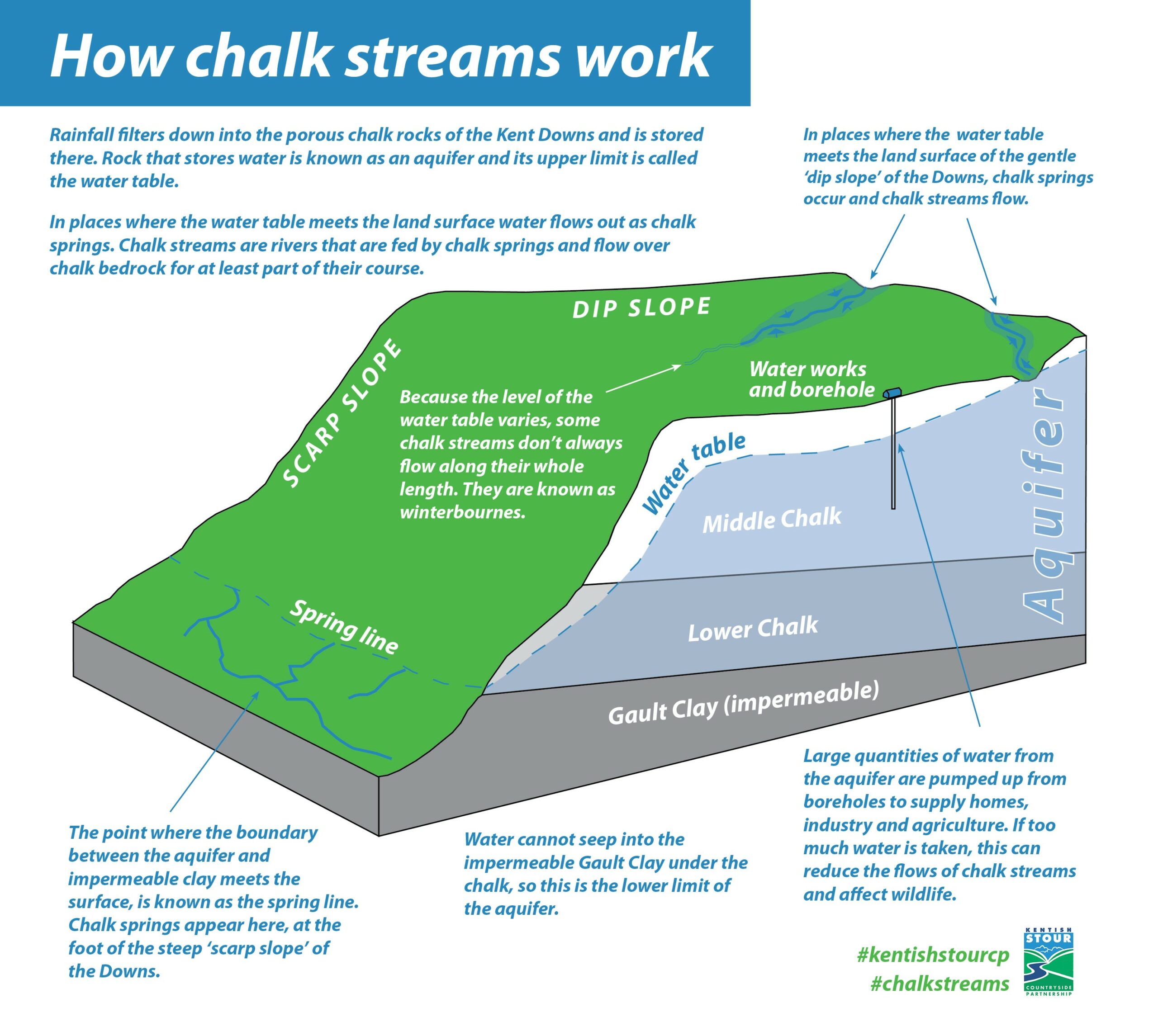 A diagram showing how an aquifer in chalk hills feeds chalk streams