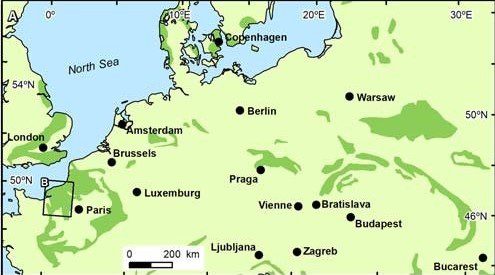 Map showing chalk outcrops in Western Europe